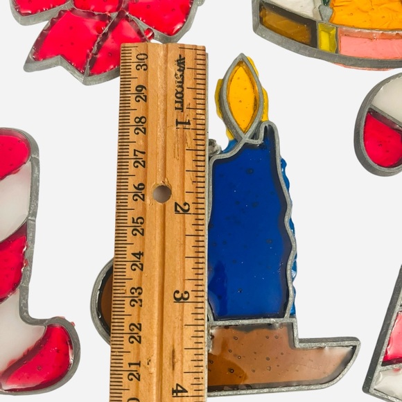 6 Vintage Suncatcher Christmas Ornament Faux Stained Glass Noel Wreath Candle 4" - Picture 11 of 14
